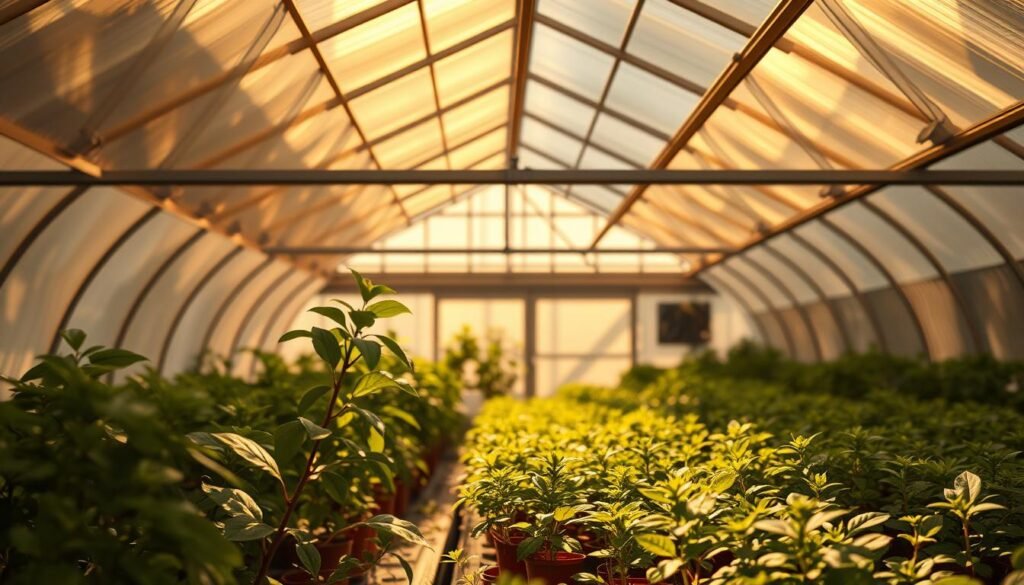 A greenhouse interior bathed in warm, natural light, with reflective panels lining the walls and ceiling, casting a soft, even glow throughout the space. Lush, verdant plants thrive amidst the diffused illumination, their leaves gently swaying. In the foreground, a series of precisely angled reflective panels, their surfaces polished to a mirror-like finish, efficiently capture and redistribute the available sunlight. The middle ground features a mix of potted plants and delicate seedlings, basking in the enhanced luminosity. In the background, the greenhouse structure's framework is visible, its form accentuated by the reflective panels, creating a harmonious, cohesive visual impression. The overall atmosphere is one of tranquility, productivity, and the marriage of technology and nature.