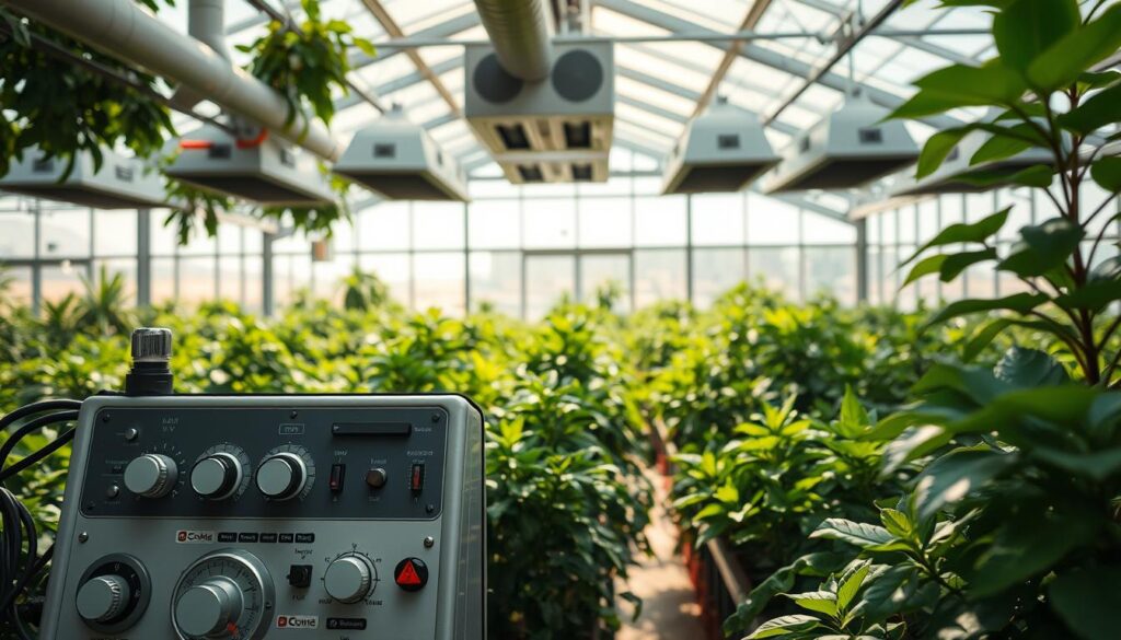 A greenhouse interior, filled with lush greenery and vibrant plants. In the foreground, an array of temperature and ventilation controls, dials, and sensors, meticulously arranged to regulate the climate. The middle ground showcases a well-designed ventilation system, with strategically placed vents and fans gently circulating the air. In the background, natural light streams in through large windows, creating a warm and inviting atmosphere. The lighting is balanced, with a combination of natural and artificial sources, ensuring optimal conditions for the plants to thrive. The overall scene conveys a sense of precision, control, and the careful management of the greenhouse environment.
