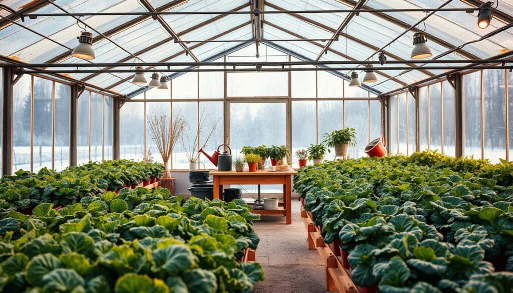 A greenhouse interior in the wintertime, illuminated by warm, soft lighting. The foreground showcases a thriving indoor garden, with rows of healthy, vibrant leafy greens such as kale, spinach, and lettuce. In the middle ground, a central workbench with gardening tools and a watering can, surrounded by various potted plants. The background features a large, panoramic window, allowing natural light to filter in and creating a serene, tranquil atmosphere. The scene conveys a sense of productivity, sustainability, and the ability to grow fresh produce year-round, even in the harshest of winter conditions. A greenhouse interior in the wintertime, illuminated by warm, soft lighting. The foreground showcases a thriving indoor garden, with rows of healthy, vibrant leafy greens such as kale, spinach, and lettuce. In the middle ground, a central workbench with gardening tools and a watering can, surrounded by various potted plants. The background features a large, panoramic window, allowing natural light to filter in and creating a serene, tranquil atmosphere. The scene conveys a sense of productivity, sustainability, and the ability to grow fresh produce year-round, even in the harshest of winter conditions.