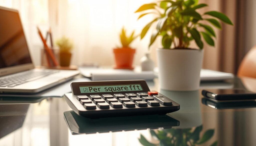 A high-resolution, photo-realistic image of a calculator displaying the term "per square foot" on a glass desktop surface. The calculator should be prominently featured in the foreground, with a warm, natural lighting illuminating the scene. The middle ground should include a potted plant, some office supplies, and a subtle reflection of the calculator visible on the glossy desktop. The background should be slightly blurred, suggesting a comfortable, professional home office or small business setting. The overall mood should convey a sense of precision, practicality, and the careful consideration of financial details relevant to a profitable plant-based enterprise. A high-resolution, photo-realistic image of a calculator displaying the term "per square foot" on a glass desktop surface. The calculator should be prominently featured in the foreground, with a warm, natural lighting illuminating the scene. The middle ground should include a potted plant, some office supplies, and a subtle reflection of the calculator visible on the glossy desktop. The background should be slightly blurred, suggesting a comfortable, professional home office or small business setting. The overall mood should convey a sense of precision, practicality, and the careful consideration of financial details relevant to a profitable plant-based enterprise.