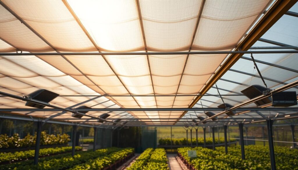 A large greenhouse with an array of ventilation panels installed on the roof and walls. The panels are a combination of transparent and semi-opaque materials, allowing natural light to filter in while facilitating air circulation. The structure is bathed in warm, golden sunlight, casting soft shadows across the panels. The greenhouse is situated in a lush, verdant setting, with the background hinting at thriving plants and a serene outdoor environment. The overall atmosphere conveys a sense of efficiency, functionality, and a harmonious integration of technology with the natural world.