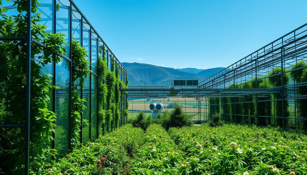 A lush, expansive greenhouse complex set against a backdrop of rolling hills and a clear blue sky. In the foreground, an array of towering glass structures, their frames casting intricate shadows across the verdant plant life within. The lighting is a soft, diffused glow, illuminating the diverse foliage and capturing the delicate details of the blooming flowers. In the middle ground, a network of automated vents and fans work in tandem, regulating the temperature and airflow to create the perfect growing environment. The scene conveys a sense of scientific precision and environmental harmony, where nature and technology coexist in perfect balance. A lush, expansive greenhouse complex set against a backdrop of rolling hills and a clear blue sky. In the foreground, an array of towering glass structures, their frames casting intricate shadows across the verdant plant life within. The lighting is a soft, diffused glow, illuminating the diverse foliage and capturing the delicate details of the blooming flowers. In the middle ground, a network of automated vents and fans work in tandem, regulating the temperature and airflow to create the perfect growing environment. The scene conveys a sense of scientific precision and environmental harmony, where nature and technology coexist in perfect balance.