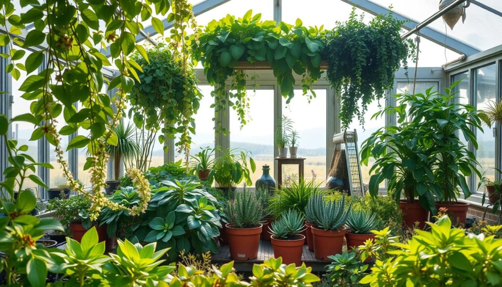 A lush greenhouse interior, showcasing a variety of vibrant, thriving plants in various sizes and shapes. The foreground features an array of leafy greens and delicate flowering plants, their foliage cascading gracefully. In the middle ground, potted succulents and herbs stand tall, bathed in warm, diffused natural light filtering through large glass panes. The background reveals a serene landscape outside, hinting at the tranquil environment that nurtures this diverse botanical collection. The overall scene exudes a sense of tranquility and abundance, inviting the viewer to imagine the perfect greenhouse oasis for limited indoor spaces. A lush greenhouse interior, showcasing a variety of vibrant, thriving plants in various sizes and shapes. The foreground features an array of leafy greens and delicate flowering plants, their foliage cascading gracefully. In the middle ground, potted succulents and herbs stand tall, bathed in warm, diffused natural light filtering through large glass panes. The background reveals a serene landscape outside, hinting at the tranquil environment that nurtures this diverse botanical collection. The overall scene exudes a sense of tranquility and abundance, inviting the viewer to imagine the perfect greenhouse oasis for limited indoor spaces.