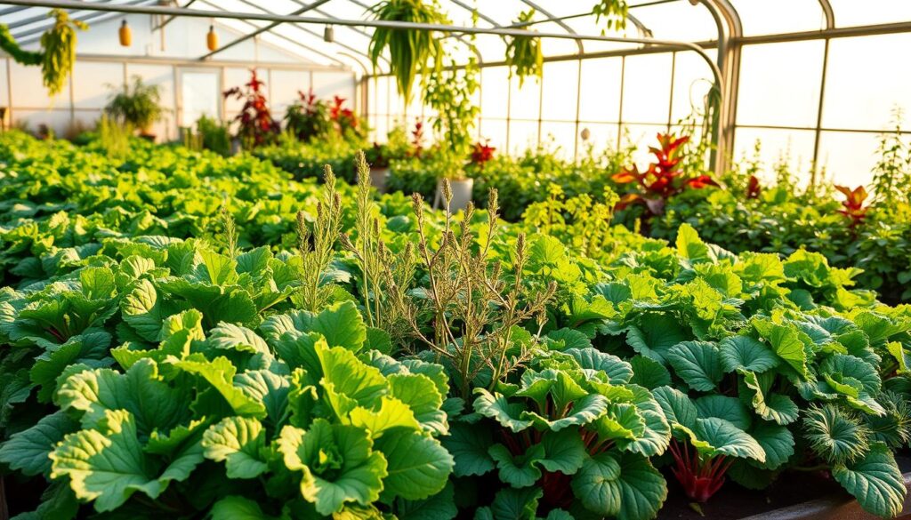 A lush indoor greenhouse bathed in warm, natural light, showcasing a thriving collection of cold-hardy leafy greens and herbs. In the foreground, a variety of kale, chard, and spinach plants with vibrant, resilient foliage. In the middle ground, sturdy rosemary, thyme, and parsley plants adding depth and texture. The background features a mix of cool-season crops like arugula, mustard greens, and Swiss chard, all flourishing under the gentle glow of the greenhouse. The overall scene conveys a sense of abundance, resilience, and the potential for year-round harvests, capturing the essence of "cold-hardy winners for winter harvests". A lush indoor greenhouse bathed in warm, natural light, showcasing a thriving collection of cold-hardy leafy greens and herbs. In the foreground, a variety of kale, chard, and spinach plants with vibrant, resilient foliage. In the middle ground, sturdy rosemary, thyme, and parsley plants adding depth and texture. The background features a mix of cool-season crops like arugula, mustard greens, and Swiss chard, all flourishing under the gentle glow of the greenhouse. The overall scene conveys a sense of abundance, resilience, and the potential for year-round harvests, capturing the essence of "cold-hardy winners for winter harvests".