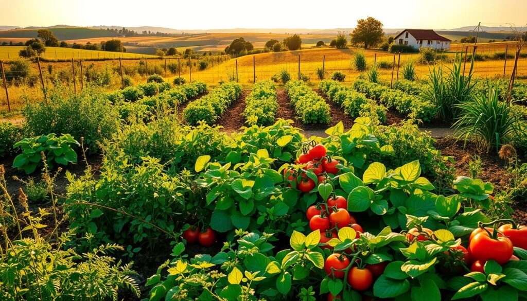 A lush, meticulously planned vegetable garden in golden afternoon light. In the foreground, a neatly arranged layout of various herbs and companion plants, their vibrant colors and textures complementing each other. In the middle ground, rows of thriving vegetables - tomatoes, peppers, and leafy greens - basking in the warm sunlight. The background features a picturesque countryside scene, with rolling hills, a distant farmhouse, and a cloudless sky. The overall composition conveys a sense of harmony, productivity, and the beauty of a well-designed companion planting layout.