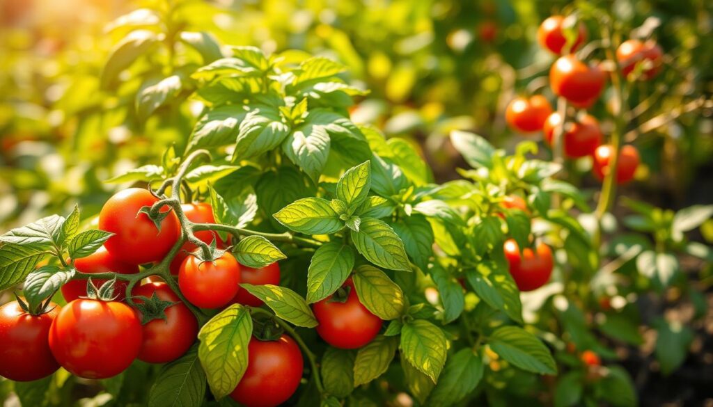 A lush, sun-dappled garden scene, with vibrant green basil plants intertwined with ripe, glistening tomatoes. In the foreground, a cluster of tomatoes in various stages of ripeness, their deep red hues contrasting beautifully with the verdant basil leaves. The middle ground showcases the symbiotic relationship, with the basil plants providing shelter and protection to the tomatoes, their stems entwined in a harmonious embrace. The background features a softly blurred backdrop of additional vegetable plants, creating a sense of depth and a thriving, productive garden. Warm, golden sunlight filters through, casting a gentle, natural illumination and a sense of abundance and vitality.