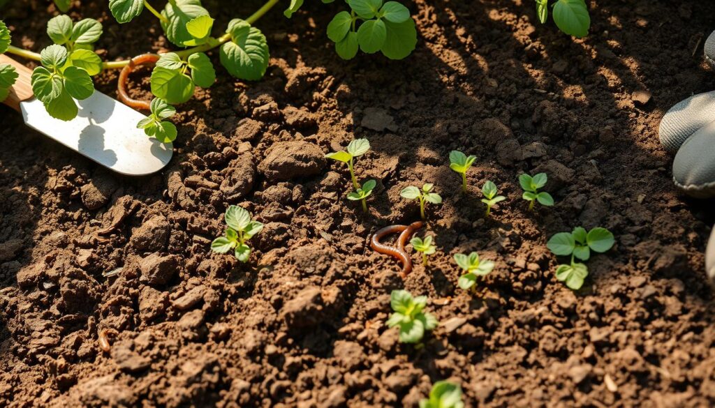A lush, textured soil bed in a well-tended vegetable garden, with soft, crumbly earth and a rich, earthy aroma. Sunlight filters through the leaves of surrounding herbs, casting dappled shadows on the ground. Earthworms and beneficial insects burrow and crawl, indicating a healthy, nutrient-dense soil ecosystem. The soil's surface is dotted with freshly sprouted seedlings, their delicate leaves reaching up towards the sun. A trowel and gardening gloves lie nearby, hinting at the care and attention lavished on this vibrant, living foundation for a thriving veggie patch.