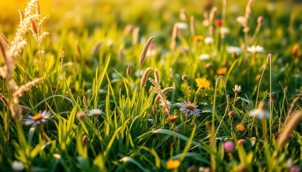 A lush, thriving lawn with a diverse array of native plant species. A closeup view showcases the delicate textures and vibrant colors of various grasses, sedges, and wildflowers. The scene is bathed in warm, golden sunlight, creating a serene and inviting atmosphere. The plants appear to be growing effortlessly, their healthy foliage and blooms creating a natural, harmonious landscape. The depth of field gently blurs the background, allowing the focal point to be the beautiful lawn plants themselves. This image conveys the benefits and expectations of transitioning to a native lawn - a low-maintenance, ecologically-friendly oasis that enhances the beauty of the outdoor space.