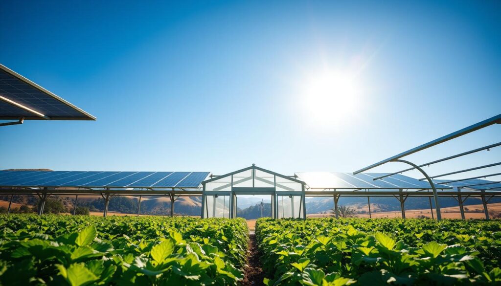 A lush, thriving solar-powered greenhouse set against a backdrop of rolling hills and a clear blue sky. In the foreground, verdant plants and vegetables flourish under the warm glow of the sun, harnessed by sleek, efficient solar panels that line the greenhouse's roof. The middle ground features a well-designed interior, with ample natural light filtering through the glass panels and a system of automated controls regulating temperature, humidity, and irrigation. In the background, a serene, picturesque landscape showcases the greenhouse's integration with the natural environment, highlighting the sustainable and eco-friendly nature of this solar-powered agricultural solution. A lush, thriving solar-powered greenhouse set against a backdrop of rolling hills and a clear blue sky. In the foreground, verdant plants and vegetables flourish under the warm glow of the sun, harnessed by sleek, efficient solar panels that line the greenhouse's roof. The middle ground features a well-designed interior, with ample natural light filtering through the glass panels and a system of automated controls regulating temperature, humidity, and irrigation. In the background, a serene, picturesque landscape showcases the greenhouse's integration with the natural environment, highlighting the sustainable and eco-friendly nature of this solar-powered agricultural solution.