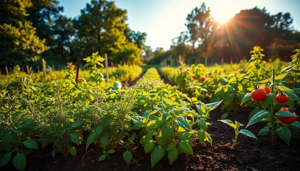 A lush vegetable garden bursting with life, nestled against a backdrop of verdant trees and a clear blue sky. In the foreground, a vibrant array of herbs - basil, rosemary, and thyme - thrive in the warm sunlight, casting delicate shadows on the rich soil. In the middle ground, rows of thriving vegetables - tomatoes, zucchini, and peppers - stand tall, their leaves gently swaying in a gentle breeze. The scene is bathed in a soft, golden hour glow, creating a serene and inviting atmosphere. The overall impression is one of abundance, harmony, and the natural cycle of the seasons in the United States, from spring through summer.