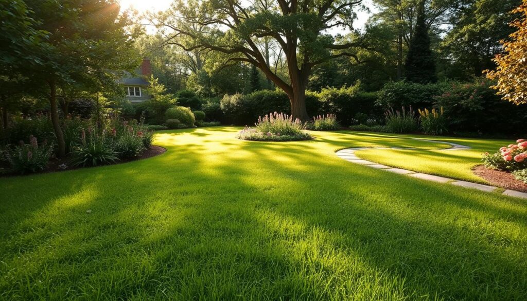 A lush, verdant backyard with a mix of native grasses, wildflowers, and foliage. The foreground features a well-tended lawn, transitioning into a middle ground dotted with vibrant blooms and meandering pathways. The background showcases mature trees and shrubs, casting a warm, natural glow across the scene. Sunlight filters through the canopy, creating a serene, inviting atmosphere. The composition emphasizes the different zones and textures within the yard, inviting the viewer to assess the potential for a native lawn transition. Captured with a wide-angle lens, the image provides a comprehensive view of the outdoor space.