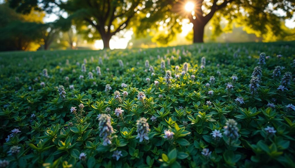 A lush, verdant carpet of oregano covering the ground, its vibrant green leaves and delicate purple flowers gently swaying in a soft, natural breeze. The scene is bathed in warm, golden sunlight that filters through a canopy of leafy trees, casting a serene, inviting atmosphere. Viewed from a low angle, the oregano appears to stretch out endlessly, its intricate, interlocking stems and foliage creating a dense, protective ground cover. The overall impression is one of a thriving, self-sustaining ecosystem - a testament to oregano's remarkable ability to enhance and fortify the surrounding vegetation.