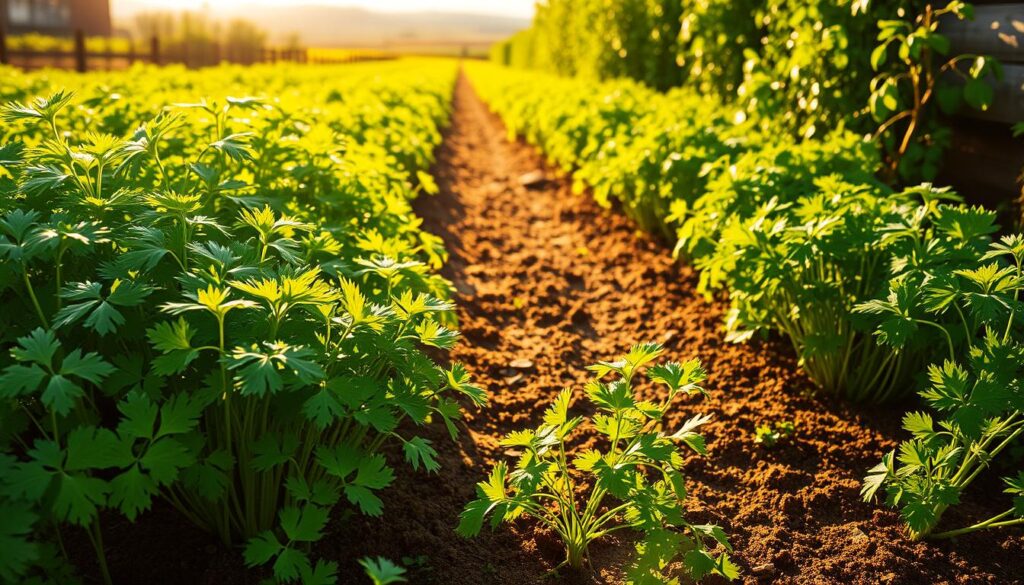 A lush, verdant cilantro garden bathed in warm, golden sunlight. The foreground showcases vibrant, feathery cilantro leaves gently swaying in a gentle breeze, their deep green hues contrasting beautifully with the rich, earthy soil. In the middle ground, the plants are arranged in neat, organized rows, their leaves cascading gracefully. The background reveals a picturesque landscape, perhaps a rustic wooden fence or a distant horizon, creating a sense of depth and tranquility. The lighting is soft and natural, accentuating the garden's organic textures and colors. The overall scene conveys a sense of abundance, health, and the expert care of a seasoned gardener. A lush, verdant cilantro garden bathed in warm, golden sunlight. The foreground showcases vibrant, feathery cilantro leaves gently swaying in a gentle breeze, their deep green hues contrasting beautifully with the rich, earthy soil. In the middle ground, the plants are arranged in neat, organized rows, their leaves cascading gracefully. The background reveals a picturesque landscape, perhaps a rustic wooden fence or a distant horizon, creating a sense of depth and tranquility. The lighting is soft and natural, accentuating the garden's organic textures and colors. The overall scene conveys a sense of abundance, health, and the expert care of a seasoned gardener.