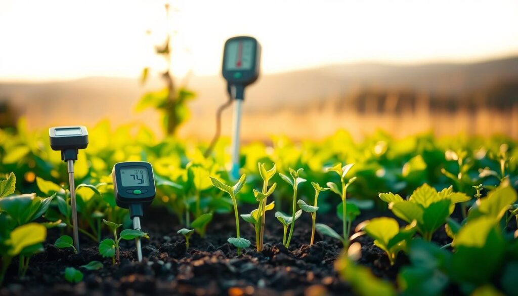 A lush, verdant garden bed in soft, golden afternoon light. In the foreground, soil temperature probes monitor the earth's warmth, their digital displays illuminating the ideal conditions for seed germination. Delicate seedlings emerge, their vibrant green leaves unfurling towards the sun. In the middle ground, a thermometer measures the soil's thermal profile, guiding the gardener's sowing decisions. The background is a serene, out-of-focus landscape, hinting at the bountiful harvest to come. Lighting is warm and diffuse, creating a sense of tranquility and growth. Angle is slightly elevated, offering a comprehensive view of the scene.