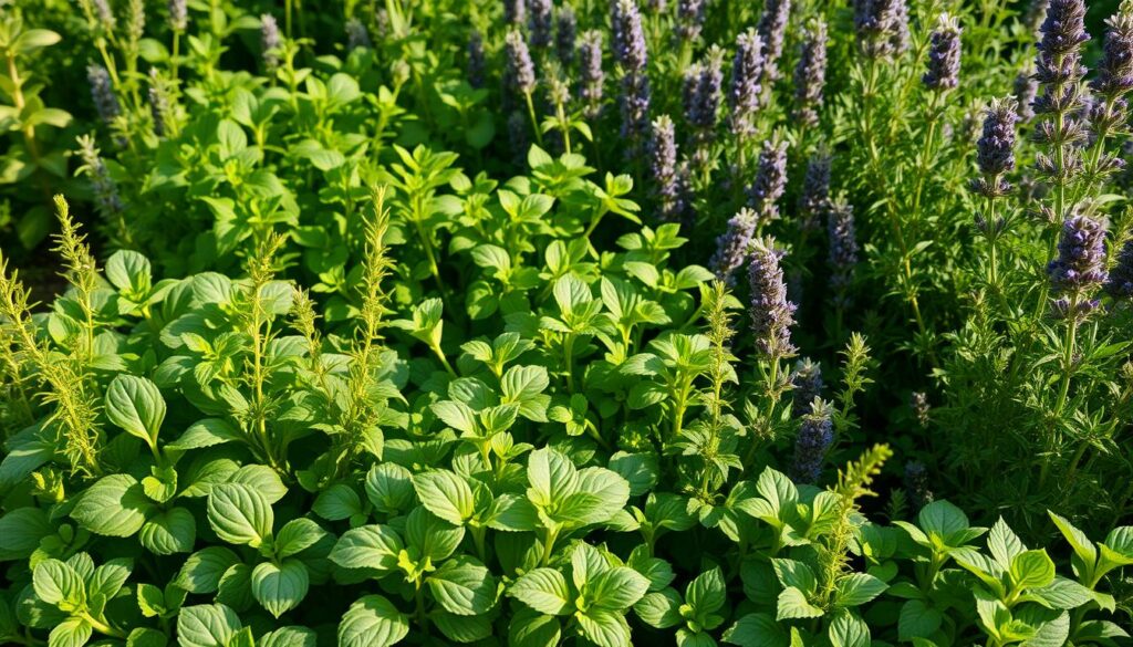 A lush, verdant garden scene showcasing an assortment of thriving herb plants. In the foreground, a bountiful arrangement of fragrant basil, rosemary, and oregano, their leaves gently swaying in a soft breeze. The midground features a mix of vibrant, healthy green plants, including mint, thyme, and parsley, their stems and foliage intertwined in a harmonious composition. The background is adorned with taller, bushy herbs like sage and lavender, their purple and grey-green hues adding depth and visual interest to the scene. The lighting is soft and natural, casting a warm, inviting glow over the entire tableau. The overall atmosphere is one of abundant, pest-repelling vitality, reflecting the thriving, pestilence-free veggie patch.