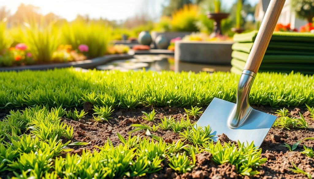 A lush, verdant lawn with tufts of vibrant green turf sod nestled atop a rich, loamy soil. In the foreground, a shovel rests, its metal blade gleaming in the warm, natural light. The middle ground showcases neatly stacked rolls of turf, their edges crisp and freshly cut, ready for installation. In the background, a serene garden scene unfolds, with colorful native plants and a tranquil water feature reflecting the sky. The overall composition evokes a sense of careful planning, a harmonious blending of natural elements, and the promise of a thriving, low-maintenance lawn.