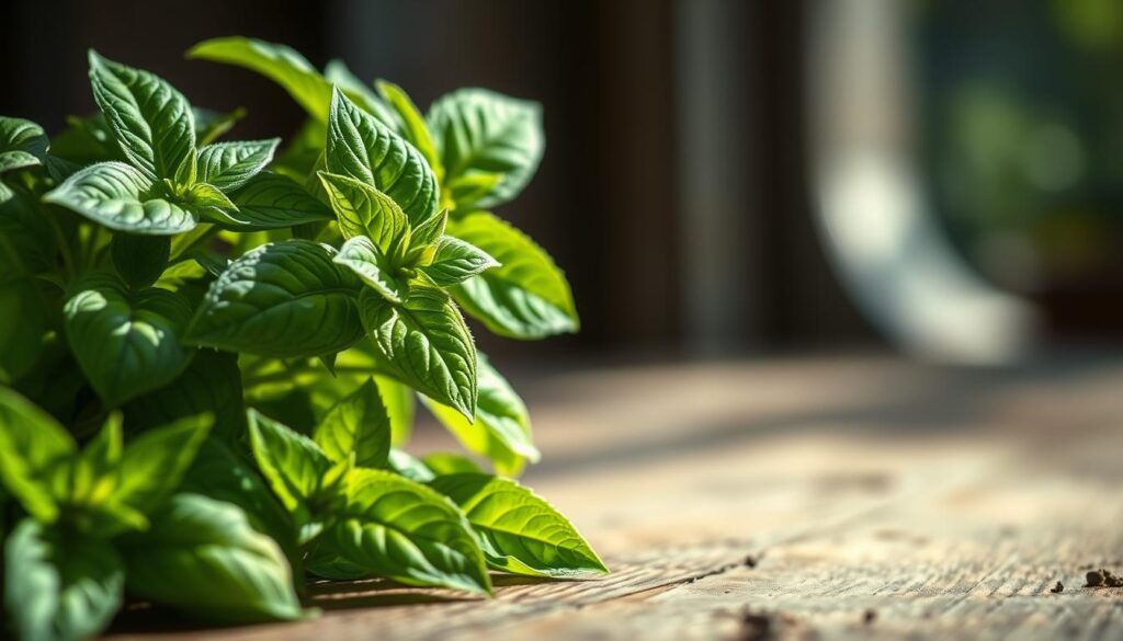 A lush, vibrant close-up of fresh spring basil leaves, their emerald-green hues glistening in soft, natural lighting. The leaves are arranged in an artful, asymmetrical composition, casting gentle shadows across a rustic wooden surface. The background is blurred, creating a sense of depth and focus on the delicate, fragrant foliage. The scene conveys a mood of tranquility, inviting the viewer to imagine the aroma and flavor of this versatile, seasonal herb. Captured with a high-resolution, macro lens to showcase the intricate details and textures of the basil leaves. A lush, vibrant close-up of fresh spring basil leaves, their emerald-green hues glistening in soft, natural lighting. The leaves are arranged in an artful, asymmetrical composition, casting gentle shadows across a rustic wooden surface. The background is blurred, creating a sense of depth and focus on the delicate, fragrant foliage. The scene conveys a mood of tranquility, inviting the viewer to imagine the aroma and flavor of this versatile, seasonal herb. Captured with a high-resolution, macro lens to showcase the intricate details and textures of the basil leaves.