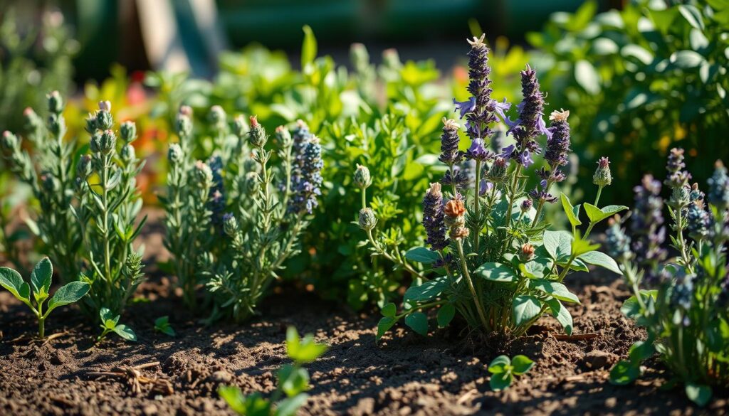 A lush, vibrant garden scene with an assortment of companion herbs - rosemary, thyme, lavender, and sage - growing in the foreground. The plants are captured in soft, natural lighting, casting delicate shadows on the rich, earthy soil. In the middle ground, the herbs sway gently, their verdant leaves and delicate flowers emitting a captivating aroma. The background features a hazy, out-of-focus view of a vegetable patch, hinting at the productive harmony between the herbs and the vegetables. The overall atmosphere is one of tranquility, balance, and the harmonious coexistence of nature's elements, conveying the power of companion planting to mitigate garden pests.