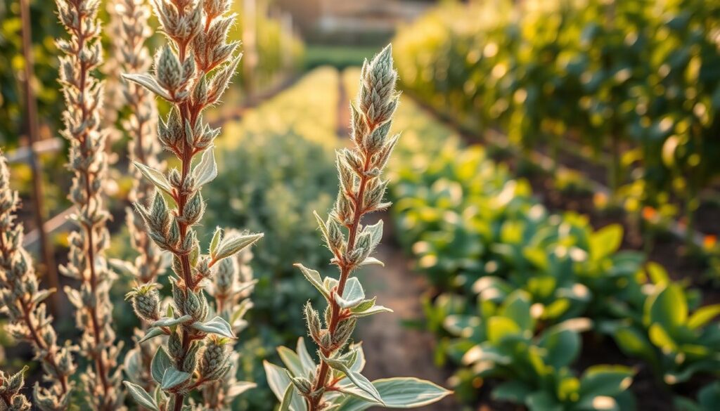 A lush, vibrant sage plant stands tall, its silvery-green leaves gently swaying in the warm, afternoon sunlight. The foreground shows the plant's robust, woody stems and a close-up view of the soft, fuzzy leaves, their edges delicately scalloped. In the middle ground, the sage is surrounded by a thriving vegetable garden, with rows of tomato vines, carrot greens, and brassica plants forming a verdant backdrop. The scene is bathed in a warm, golden glow, creating a sense of tranquility and productivity. Captured with a shallow depth of field, the image emphasizes the sage's role as a reliable companion, its pungent aroma and natural pest-repelling properties protecting the neighboring crops.