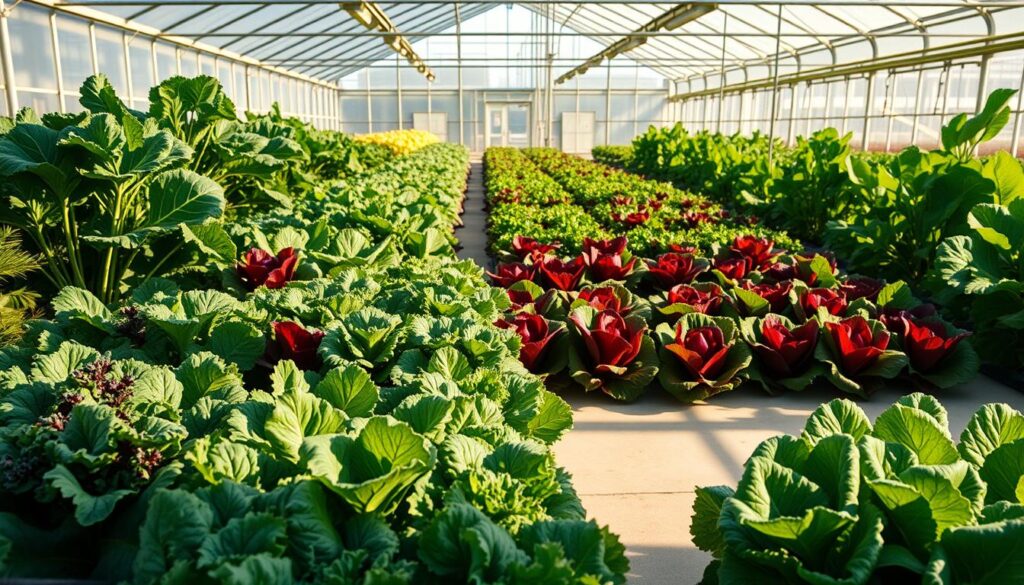 A lush, well-lit greenhouse interior, showcasing an abundance of vibrant, nutrient-rich leafy greens. In the foreground, a variety of hearty kale, spinach, and swiss chard plants thrive under warm, natural lighting, casting long shadows on the polished concrete floor. In the middle ground, rows of fresh, full-bodied lettuce heads in shades of green and red stand tall, their leaves glistening with moisture. The background is filled with a panoramic view of the greenhouse's glass walls and ceiling, allowing natural daylight to flood the space and create a serene, tranquil atmosphere. The overall scene conveys a sense of abundance, freshness, and the joy of growing your own produce, even during the harshest winter months. A lush, well-lit greenhouse interior, showcasing an abundance of vibrant, nutrient-rich leafy greens. In the foreground, a variety of hearty kale, spinach, and swiss chard plants thrive under warm, natural lighting, casting long shadows on the polished concrete floor. In the middle ground, rows of fresh, full-bodied lettuce heads in shades of green and red stand tall, their leaves glistening with moisture. The background is filled with a panoramic view of the greenhouse's glass walls and ceiling, allowing natural daylight to flood the space and create a serene, tranquil atmosphere. The overall scene conveys a sense of abundance, freshness, and the joy of growing your own produce, even during the harshest winter months.