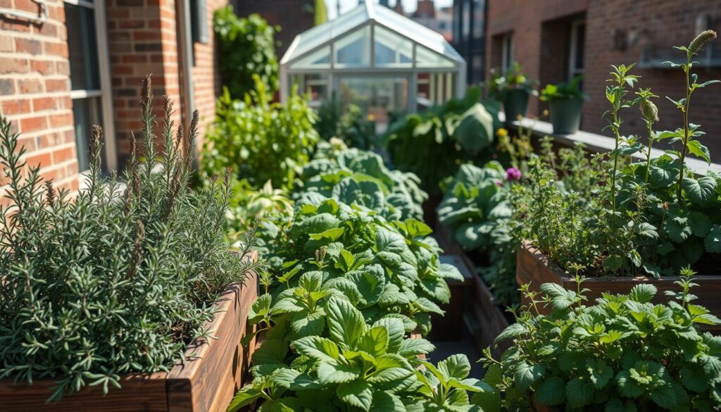 A lush, well-lit urban rooftop garden, showcasing a diverse array of thriving container-grown herbs. In the foreground, robust rosemary, thyme, and oregano plants spill over the edges of rustic wooden planters. The middle ground features a mix of leafy greens like kale and Swiss chard, their vibrant foliage contrasting against the weathered brick walls. In the background, a small greenhouse structure with large windows allows natural light to flood the scene, creating a warm, inviting atmosphere. The overall composition emphasizes the versatility and abundance possible in a tight urban space dedicated to cultivating flavorful, space-saving herbs. A lush, well-lit urban rooftop garden, showcasing a diverse array of thriving container-grown herbs. In the foreground, robust rosemary, thyme, and oregano plants spill over the edges of rustic wooden planters. The middle ground features a mix of leafy greens like kale and Swiss chard, their vibrant foliage contrasting against the weathered brick walls. In the background, a small greenhouse structure with large windows allows natural light to flood the scene, creating a warm, inviting atmosphere. The overall composition emphasizes the versatility and abundance possible in a tight urban space dedicated to cultivating flavorful, space-saving herbs.