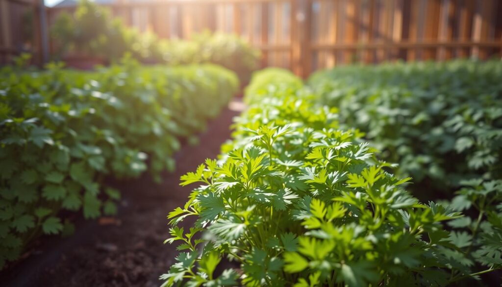 A lush, well-lit vegetable garden with rows of thriving cilantro plants in the foreground. In the middle ground, several successions of cilantro at different growth stages, each a vibrant green with delicate, feathery leaves. The background features a sun-dappled wooden fence, hinting at the ideal outdoor setting for this herb. The lighting is warm and natural, casting gentle shadows that accentuate the plants' textures. The overall scene conveys a sense of abundance, vitality, and the rewards of careful, continuous cilantro cultivation. A lush, well-lit vegetable garden with rows of thriving cilantro plants in the foreground. In the middle ground, several successions of cilantro at different growth stages, each a vibrant green with delicate, feathery leaves. The background features a sun-dappled wooden fence, hinting at the ideal outdoor setting for this herb. The lighting is warm and natural, casting gentle shadows that accentuate the plants' textures. The overall scene conveys a sense of abundance, vitality, and the rewards of careful, continuous cilantro cultivation.