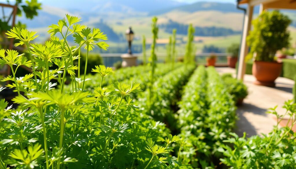 A lush, well-timed display of cilantro plants in a warm, sunny garden setting. In the foreground, vibrant green cilantro leaves sway gently in a light breeze, their delicate fronds catching the golden afternoon sunlight. In the middle ground, rows of thriving cilantro plants stand tall, their slender stems supporting clusters of fragrant foliage. The background reveals a picturesque landscape, with rolling hills or a tranquil patio setting, creating a serene, inviting atmosphere. The lighting is soft and natural, with no harsh shadows, enhancing the verdant, healthy appearance of the cilantro. The overall composition conveys the ideal conditions for keeping cilantro in its cool-weather comfort zone, avoiding the threat of bolting. A lush, well-timed display of cilantro plants in a warm, sunny garden setting. In the foreground, vibrant green cilantro leaves sway gently in a light breeze, their delicate fronds catching the golden afternoon sunlight. In the middle ground, rows of thriving cilantro plants stand tall, their slender stems supporting clusters of fragrant foliage. The background reveals a picturesque landscape, with rolling hills or a tranquil patio setting, creating a serene, inviting atmosphere. The lighting is soft and natural, with no harsh shadows, enhancing the verdant, healthy appearance of the cilantro. The overall composition conveys the ideal conditions for keeping cilantro in its cool-weather comfort zone, avoiding the threat of bolting.
