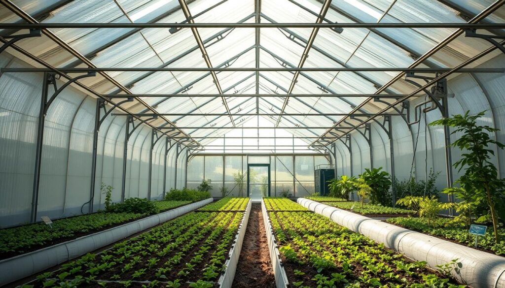 A massive, high-efficiency greenhouse with an intricate thermal mass system, bathed in soft, natural light filtering through the translucent, insulating panels. The structure stands tall and sturdy, with a sleek, modern design that seamlessly blends into the surrounding environment. The interior is a lush, thriving oasis, with verdant plants and soil-based beds carefully arranged to optimize heat retention and distribution. Strategically placed thermal storage elements, such as water tanks or masonry, absorb and release heat gradually, creating a stable, comfortable temperature throughout the day and night. This cutting-edge greenhouse showcases the power of renewable energy and passive design, offering a sustainable, cost-effective solution for year-round food production. A massive, high-efficiency greenhouse with an intricate thermal mass system, bathed in soft, natural light filtering through the translucent, insulating panels. The structure stands tall and sturdy, with a sleek, modern design that seamlessly blends into the surrounding environment. The interior is a lush, thriving oasis, with verdant plants and soil-based beds carefully arranged to optimize heat retention and distribution. Strategically placed thermal storage elements, such as water tanks or masonry, absorb and release heat gradually, creating a stable, comfortable temperature throughout the day and night. This cutting-edge greenhouse showcases the power of renewable energy and passive design, offering a sustainable, cost-effective solution for year-round food production.