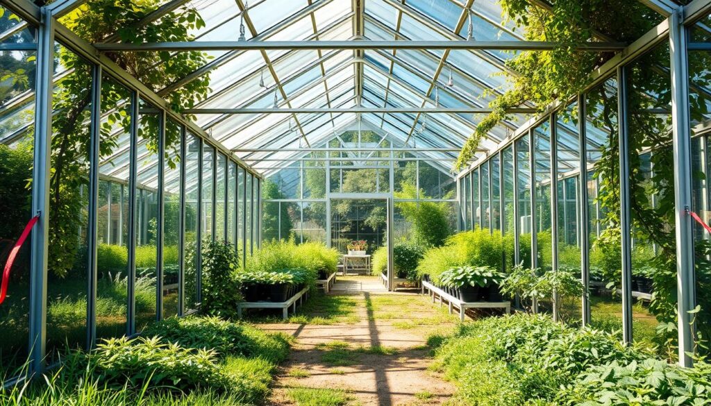 A modern, well-designed greenhouse with an open, airy layout and abundant natural light. The greenhouse is situated in a lush, verdant garden setting, with a clear pathway leading up to the entrance. The frame is constructed from sleek, sturdy metal beams, and the walls are made of high-quality, transparent glass panels that allow maximum sunlight to penetrate. Inside, the greenhouse is divided into distinct zones, each with its own microclimate and carefully curated selection of plants. The lighting is a harmonious blend of natural and artificial sources, creating a warm, inviting atmosphere that promotes healthy plant growth. The overall composition conveys a sense of order, efficiency, and the joy of cultivating a thriving, productive greenhouse.
