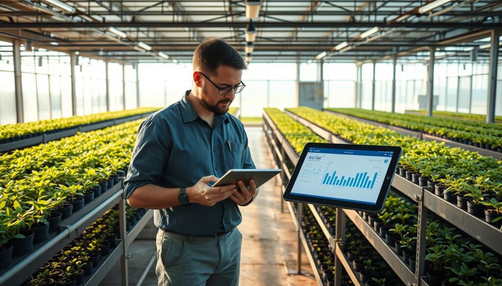 A modern, well-equipped greenhouse with rows of thriving plants, illuminated by soft natural light filtering through large windows. In the foreground, a grower inspects a tablet displaying real-time data analytics, monitoring growth patterns and environmental conditions. Shelves of seedlings occupy the middle ground, while in the background, automated irrigation systems and climate control panels suggest a thoughtfully scaled, efficient operation. The overall atmosphere conveys a sense of precision, productivity, and a harmonious balance between technology and the natural world. A modern, well-equipped greenhouse with rows of thriving plants, illuminated by soft natural light filtering through large windows. In the foreground, a grower inspects a tablet displaying real-time data analytics, monitoring growth patterns and environmental conditions. Shelves of seedlings occupy the middle ground, while in the background, automated irrigation systems and climate control panels suggest a thoughtfully scaled, efficient operation. The overall atmosphere conveys a sense of precision, productivity, and a harmonious balance between technology and the natural world.