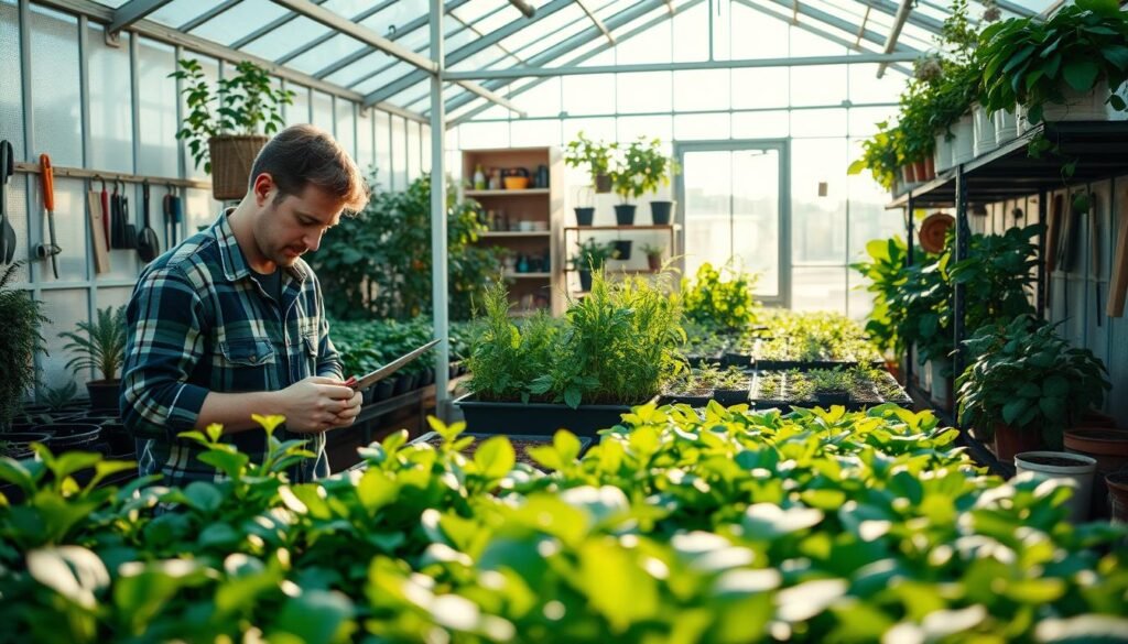 A neatly organized greenhouse filled with thriving plants, the afternoon sun streaming through the glass panes. In the foreground, a gardener carefully examines the soil, a pair of pruning shears in hand. The middle ground showcases a variety of lush, verdant foliage, while the background features a wall of shelves stocked with gardening tools and supplies. Soft, diffused lighting creates a warm, welcoming atmosphere, highlighting the gardener's focused attention to the greenhouse's maintenance. The scene conveys a sense of tranquility and care, reflecting the diligence required to cultivate a healthy, productive greenhouse environment.