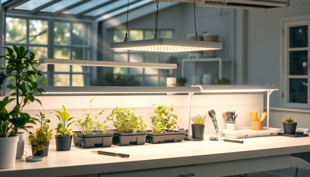 A neatly organized workbench showcases an assortment of grow lights, propagation trays, and gardening tools. Delicate houseplants and leafy greens bask in the warm glow of the adjustable full-spectrum LED lamps, their lush foliage contrasting with the clean, minimalist workspace. Shafts of natural light stream in through large windows, creating a serene, greenhouse-like atmosphere. The scene evokes a sense of calm productivity, inviting the viewer to immerse themselves in the joys of indoor gardening. A neatly organized workbench showcases an assortment of grow lights, propagation trays, and gardening tools. Delicate houseplants and leafy greens bask in the warm glow of the adjustable full-spectrum LED lamps, their lush foliage contrasting with the clean, minimalist workspace. Shafts of natural light stream in through large windows, creating a serene, greenhouse-like atmosphere. The scene evokes a sense of calm productivity, inviting the viewer to immerse themselves in the joys of indoor gardening.