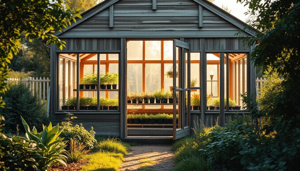 A rustic, wooden greenhouse standing tall in a lush, well-tended garden. The structure features large, panoramic windows that bathe the interior in warm, natural light, casting a soft, golden glow. Carefully curated plants and seedlings line the shelves, thriving under the ideal growing conditions. The greenhouse's exterior blends seamlessly with the surrounding landscape, its weathered boards and charming architectural details evoking a sense of timeless, countryside charm. A path leads to the entrance, inviting the viewer to step inside and explore this sanctuary for cultivating one's green thumb. A rustic, wooden greenhouse standing tall in a lush, well-tended garden. The structure features large, panoramic windows that bathe the interior in warm, natural light, casting a soft, golden glow. Carefully curated plants and seedlings line the shelves, thriving under the ideal growing conditions. The greenhouse's exterior blends seamlessly with the surrounding landscape, its weathered boards and charming architectural details evoking a sense of timeless, countryside charm. A path leads to the entrance, inviting the viewer to step inside and explore this sanctuary for cultivating one's green thumb.