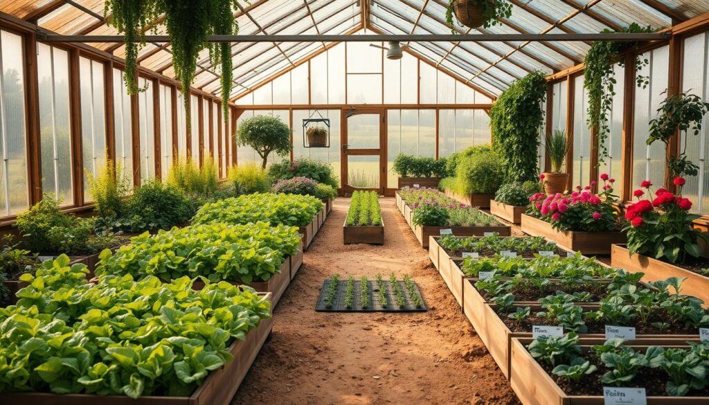 A seasonal playbook for a greenhouse, showcasing a harmonious arrangement of lush vegetable beds, vibrant flowering plants, and a central focal point. Warm, diffused natural light filters through the glass panels, creating a tranquil atmosphere. In the foreground, neatly labeled raised beds display a variety of crops in their optimal growing stages. The middle ground features carefully zoned sections for rotational planting, with a mix of leafy greens, root vegetables, and climbing vines. In the background, a rustic greenhouse structure stands tall, its weathered wooden beams and lush greenery creating a sense of timeless productivity. The overall scene conveys a sense of organized abundance, inspiring the viewer to embrace a cyclical, sustainable approach to greenhouse gardening.