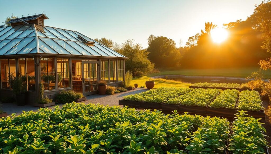 A serene greenhouse nestled in a lush, verdant landscape, bathed in warm, golden sunlight filtering through large windows and skylights. The structure is an elegant blend of glass and wood, strategically oriented to maximize natural light exposure. In the foreground, raised garden beds teeming with thriving plants, their leaves gently swaying in the soft breeze. The middle ground reveals neatly organized zones, each dedicated to specific plant types, creating an efficient and harmonious growing environment. In the background, a tranquil pond reflects the greenhouse's graceful silhouette, surrounded by a carefully curated selection of trees and shrubs that provide natural shelter and ambiance. The overall scene conveys a sense of balance, productivity, and a deep connection to the rhythms of nature.