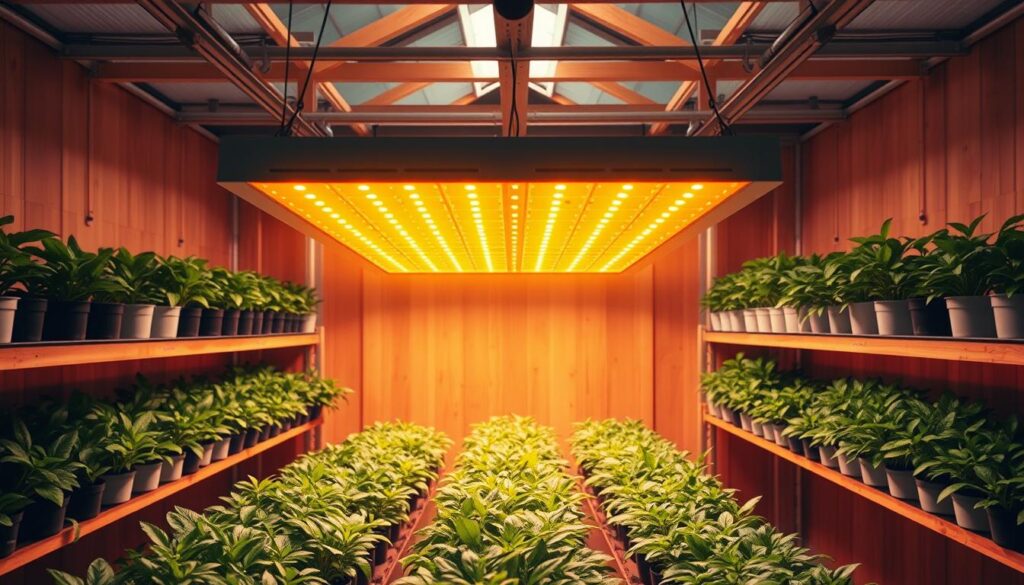 A sleek, modern spectrum grow light fixture illuminating a well-organized greenhouse interior. The light casts a vibrant, balanced spectrum across lush, thriving plants arranged in neat rows. Warm wood tones and clean, minimalist shelving create a serene, nurturing atmosphere. Soft shadows and highlights accentuate the light's even coverage, while a slightly elevated perspective provides an immersive, experiential view. The grow light's efficient, energy-saving design is showcased, with a focus on its practical application in an optimal greenhouse setup for year-round plant cultivation. A sleek, modern spectrum grow light fixture illuminating a well-organized greenhouse interior. The light casts a vibrant, balanced spectrum across lush, thriving plants arranged in neat rows. Warm wood tones and clean, minimalist shelving create a serene, nurturing atmosphere. Soft shadows and highlights accentuate the light's even coverage, while a slightly elevated perspective provides an immersive, experiential view. The grow light's efficient, energy-saving design is showcased, with a focus on its practical application in an optimal greenhouse setup for year-round plant cultivation.