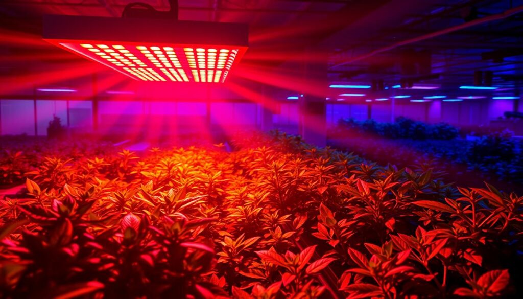 A spectrum of warm, vibrant hues cascading from a sleek, modern grow light fixture, illuminating a lush, verdant greenhouse environment. Crisp, well-defined beams of red, blue, and ultraviolet light converge, mimicking the natural sunlight that fuels robust plant growth. The light bathes a diverse array of thriving flora, capturing the precise wavelengths plants need to photosynthesize and flourish. Subtle shadows and highlights accentuate the three-dimensional structure of the leaves and stems, conveying a sense of depth and vitality. The overall scene exudes a serene, scientific ambiance, showcasing the technological innovation that enables year-round greenhouse cultivation. A spectrum of warm, vibrant hues cascading from a sleek, modern grow light fixture, illuminating a lush, verdant greenhouse environment. Crisp, well-defined beams of red, blue, and ultraviolet light converge, mimicking the natural sunlight that fuels robust plant growth. The light bathes a diverse array of thriving flora, capturing the precise wavelengths plants need to photosynthesize and flourish. Subtle shadows and highlights accentuate the three-dimensional structure of the leaves and stems, conveying a sense of depth and vitality. The overall scene exudes a serene, scientific ambiance, showcasing the technological innovation that enables year-round greenhouse cultivation.