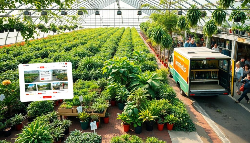 A sprawling greenhouse filled with lush greenery, the sun streaming in through the glass panes. In the foreground, various sales channels are on display - an online shop with a clean, modern layout, a colorful farmers' market booth overflowing with potted plants, and a well-organized delivery van loaded with carefully packaged specimens. The middle ground showcases a network of vibrant social media channels, showcasing the greenhouse's thriving plant community. In the background, a bustling street scene with passersby admiring the greenhouse's wares, creating a sense of commercial energy and opportunity. The lighting is soft and natural, highlighting the verdant hues of the plants and the inviting atmosphere of the sales channels. A sprawling greenhouse filled with lush greenery, the sun streaming in through the glass panes. In the foreground, various sales channels are on display - an online shop with a clean, modern layout, a colorful farmers' market booth overflowing with potted plants, and a well-organized delivery van loaded with carefully packaged specimens. The middle ground showcases a network of vibrant social media channels, showcasing the greenhouse's thriving plant community. In the background, a bustling street scene with passersby admiring the greenhouse's wares, creating a sense of commercial energy and opportunity. The lighting is soft and natural, highlighting the verdant hues of the plants and the inviting atmosphere of the sales channels.