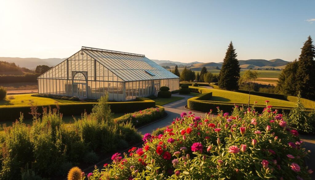 A sprawling greenhouse nestled in a lush, verdant landscape. The structure stands tall, its glass panels glistening in the warm, golden sunlight. In the foreground, a well-tended garden bed bursts with vibrant flora, beckoning the viewer to step inside and explore. The middle ground reveals a winding path leading to the greenhouse's inviting entrance, flanked by neatly trimmed hedges and towering trees. In the background, rolling hills and a cloudless sky create a serene, tranquil atmosphere, emphasizing the greenhouse's perfect integration with the natural surroundings. The scene exudes a sense of tranquility and harmony, reflecting the careful consideration of sun exposure, wind patterns, and accessibility that went into the greenhouse's siting. A sprawling greenhouse nestled in a lush, verdant landscape. The structure stands tall, its glass panels glistening in the warm, golden sunlight. In the foreground, a well-tended garden bed bursts with vibrant flora, beckoning the viewer to step inside and explore. The middle ground reveals a winding path leading to the greenhouse's inviting entrance, flanked by neatly trimmed hedges and towering trees. In the background, rolling hills and a cloudless sky create a serene, tranquil atmosphere, emphasizing the greenhouse's perfect integration with the natural surroundings. The scene exudes a sense of tranquility and harmony, reflecting the careful consideration of sun exposure, wind patterns, and accessibility that went into the greenhouse's siting.
