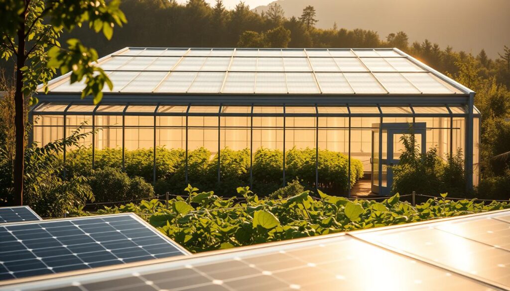 A sprawling solar-powered greenhouse nestled amidst lush greenery, its glass-paneled roof and walls bathed in warm, golden sunlight. Inside, verdant plants flourish under the careful balance of natural and artificial illumination, creating an oasis of sustainable food production. In the foreground, sleek solar panels track the sun's arc, powering the greenhouse's climate control and irrigation systems. The middle ground showcases a diverse array of thriving crops, their leaves gently swaying in the soft breeze. In the background, the greenhouse blends seamlessly with the surrounding landscape, harmonizing with the natural world it aims to nurture and protect. A sprawling solar-powered greenhouse nestled amidst lush greenery, its glass-paneled roof and walls bathed in warm, golden sunlight. Inside, verdant plants flourish under the careful balance of natural and artificial illumination, creating an oasis of sustainable food production. In the foreground, sleek solar panels track the sun's arc, powering the greenhouse's climate control and irrigation systems. The middle ground showcases a diverse array of thriving crops, their leaves gently swaying in the soft breeze. In the background, the greenhouse blends seamlessly with the surrounding landscape, harmonizing with the natural world it aims to nurture and protect.