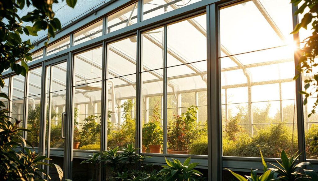 A striking greenhouse with high-quality, crystal-clear glass panels reflecting the warm sunlight. The sleek, modern frames are expertly crafted from sturdy, weather-resistant aluminum, creating a durable and long-lasting structure. The interior is bathed in a soft, natural glow, with strategic lighting fixtures casting a gentle ambiance. The greenhouse is situated in a lush, verdant garden setting, surrounded by thriving plants and flowers. The overall composition evokes a sense of tranquility, inviting the viewer to imagine the joys of cultivating a thriving indoor garden. A striking greenhouse with high-quality, crystal-clear glass panels reflecting the warm sunlight. The sleek, modern frames are expertly crafted from sturdy, weather-resistant aluminum, creating a durable and long-lasting structure. The interior is bathed in a soft, natural glow, with strategic lighting fixtures casting a gentle ambiance. The greenhouse is situated in a lush, verdant garden setting, surrounded by thriving plants and flowers. The overall composition evokes a sense of tranquility, inviting the viewer to imagine the joys of cultivating a thriving indoor garden.