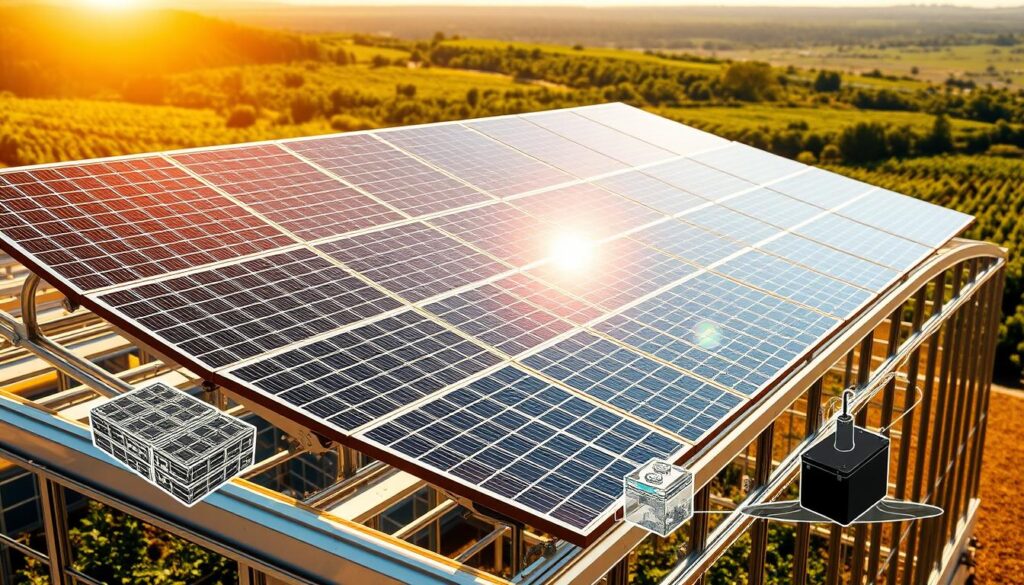 A stunning solar panel array resting atop a modern greenhouse, bathed in warm, golden sunlight. The panels glisten with precision-engineered efficiency, casting reflections on the greenhouse's sleek, tempered glass facade. In the foreground, a detailed schematic diagram illustrates the system's components - photovoltaic cells, inverters, and storage batteries - highlighting the sophisticated engineering behind this cost-effective, renewable energy solution. The background features a lush, verdant landscape, emphasizing the harmony between sustainable technology and natural beauty. This image conveys the financial viability and environmental benefits of a solar-powered greenhouse, a smart investment for the future. A stunning solar panel array resting atop a modern greenhouse, bathed in warm, golden sunlight. The panels glisten with precision-engineered efficiency, casting reflections on the greenhouse's sleek, tempered glass facade. In the foreground, a detailed schematic diagram illustrates the system's components - photovoltaic cells, inverters, and storage batteries - highlighting the sophisticated engineering behind this cost-effective, renewable energy solution. The background features a lush, verdant landscape, emphasizing the harmony between sustainable technology and natural beauty. This image conveys the financial viability and environmental benefits of a solar-powered greenhouse, a smart investment for the future.