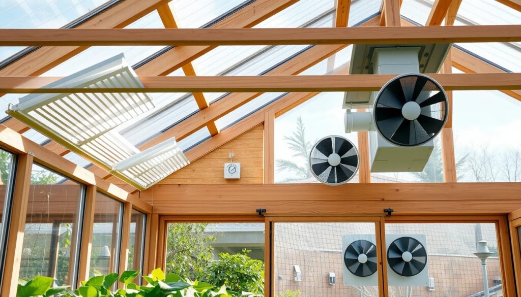 A sturdy, wooden-framed greenhouse with large, strategically placed windows and vents. Sunlight streams in through the clear glass panels, illuminating the lush greenery within. In the foreground, a series of automated louvre vents line the roof, gently opening and closing to regulate airflow and temperature. The middle ground features a wall-mounted thermostat and fan system, working in tandem to create a balanced, comfortable environment for the thriving plants. In the background, a row of high-volume exhaust fans are mounted, ready to quickly dissipate excess heat on particularly warm days. The overall scene conveys a sense of efficient, well-designed ventilation and heat management, ensuring the greenhouse's inhabitants remain healthy and content. A sturdy, wooden-framed greenhouse with large, strategically placed windows and vents. Sunlight streams in through the clear glass panels, illuminating the lush greenery within. In the foreground, a series of automated louvre vents line the roof, gently opening and closing to regulate airflow and temperature. The middle ground features a wall-mounted thermostat and fan system, working in tandem to create a balanced, comfortable environment for the thriving plants. In the background, a row of high-volume exhaust fans are mounted, ready to quickly dissipate excess heat on particularly warm days. The overall scene conveys a sense of efficient, well-designed ventilation and heat management, ensuring the greenhouse's inhabitants remain healthy and content.