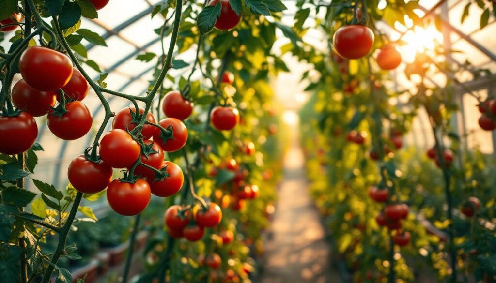 A sun-dappled greenhouse interior, lush with verdant tomato vines laden with ripe, glistening fruit. Warm, golden light filters through the glass panes, casting a soft glow on the plump, ruby-red tomatoes. In the foreground, a cluster of tomatoes sway gently, their vines twisting and curling around sturdy trellises. In the middle ground, rows of healthy, thriving tomato plants stretch out, their leaves rustling softly. The background is filled with the hazy, dreamlike atmosphere of the greenhouse, with a sense of serene tranquility and abundance. Captured with a shallow depth of field, the image draws the viewer's eye to the vibrant, succulent tomatoes, showcasing their perfect form and irresistible color. A sun-dappled greenhouse interior, lush with verdant tomato vines laden with ripe, glistening fruit. Warm, golden light filters through the glass panes, casting a soft glow on the plump, ruby-red tomatoes. In the foreground, a cluster of tomatoes sway gently, their vines twisting and curling around sturdy trellises. In the middle ground, rows of healthy, thriving tomato plants stretch out, their leaves rustling softly. The background is filled with the hazy, dreamlike atmosphere of the greenhouse, with a sense of serene tranquility and abundance. Captured with a shallow depth of field, the image draws the viewer's eye to the vibrant, succulent tomatoes, showcasing their perfect form and irresistible color.