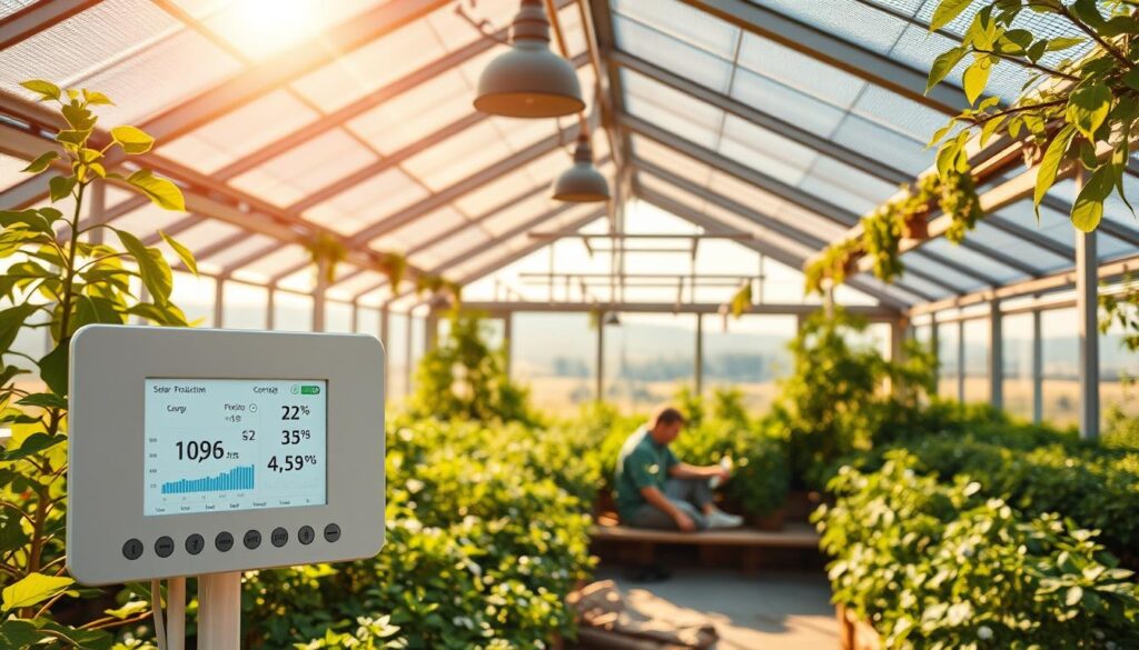 A sun-drenched greenhouse filled with lush greenery, solar panels covering the roof capturing the energy of the day. Warm lighting casts a soft, inviting glow, highlighting the healthy plants thriving in the controlled environment. In the foreground, a modern control panel displays real-time energy production and usage data, showcasing the efficiency and cost-savings of this solar-powered setup. The middle ground features a cozy seating area, where a gardener tends to their plants, surrounded by the peaceful ambiance. The background reveals a panoramic view of the surrounding landscape, emphasizing the greenhouse's integration with the natural world. This image conveys the balanced harmony of renewable energy, sustainable horticulture, and the potential benefits of a solar-powered greenhouse. A sun-drenched greenhouse filled with lush greenery, solar panels covering the roof capturing the energy of the day. Warm lighting casts a soft, inviting glow, highlighting the healthy plants thriving in the controlled environment. In the foreground, a modern control panel displays real-time energy production and usage data, showcasing the efficiency and cost-savings of this solar-powered setup. The middle ground features a cozy seating area, where a gardener tends to their plants, surrounded by the peaceful ambiance. The background reveals a panoramic view of the surrounding landscape, emphasizing the greenhouse's integration with the natural world. This image conveys the balanced harmony of renewable energy, sustainable horticulture, and the potential benefits of a solar-powered greenhouse.