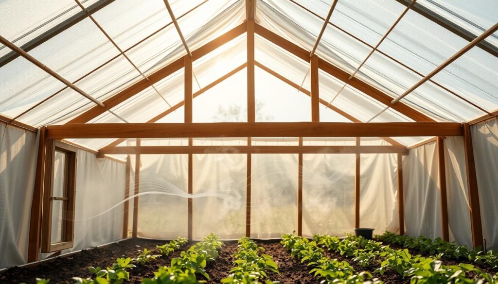 A sunlit greenhouse interior, with a cross-sectional view of the air circulation. The foreground depicts a series of simple ventilation openings, their frames crafted from natural materials like bamboo or wood. Warm air rises from the soil, passing through these openings and creating a gentle, steady flow. The middle ground shows the airflow patterns, visualized as wisps of mist or smoke, moving upward and outward. The background features the greenhouse structure, with translucent emergency blankets draped over the frame, diffusing the natural light and creating a soft, even illumination throughout the space. The overall mood is one of serene, low-tech efficiency, highlighting the effectiveness of passive ventilation systems.