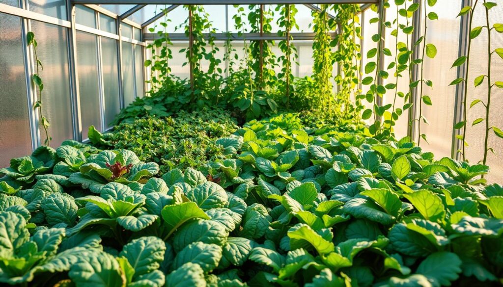A thriving mini greenhouse filled with lush, vibrant leafy greens. In the foreground, rows of flourishing kale, spinach, and Swiss chard plants sway gently under the warm, natural lighting filtering through the glass panes. The middle ground showcases plump heads of lettuce and tender, emerald-hued arugula leaves. In the background, verdant vines of climbing pea plants cling to the greenhouse's frame, creating a verdant, layered scene. The overall atmosphere is one of abundant, nourishing growth, with the greenhouse's efficient climate fostering a bountiful, year-round harvest. A thriving mini greenhouse filled with lush, vibrant leafy greens. In the foreground, rows of flourishing kale, spinach, and Swiss chard plants sway gently under the warm, natural lighting filtering through the glass panes. The middle ground showcases plump heads of lettuce and tender, emerald-hued arugula leaves. In the background, verdant vines of climbing pea plants cling to the greenhouse's frame, creating a verdant, layered scene. The overall atmosphere is one of abundant, nourishing growth, with the greenhouse's efficient climate fostering a bountiful, year-round harvest.