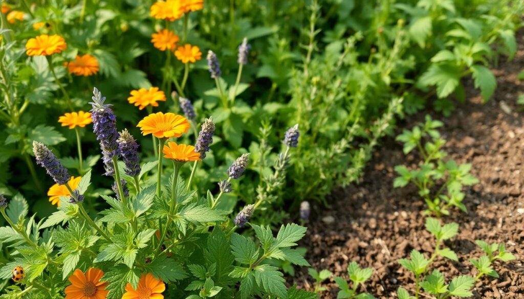 A verdant, overgrown vegetable patch, teeming with lush herbs and organic pest control measures. In the foreground, a cluster of fragrant, vibrant plants like marigolds, lavender, and rosemary, their leaves and petals swaying gently in the warm breeze. The middle ground reveals a variety of beneficial insects, ladybugs, and predatory mites, working in harmony to maintain a balanced ecosystem. In the background, a well-tended soil, rich in nutrients, provides the foundation for this thriving, pesticide-free oasis. Soft, diffused lighting filters through the canopy, casting a warm, earthy glow over the scene. The overall mood is one of natural abundance, resilience, and the seamless integration of organic pest management strategies with a flourishing herb garden.