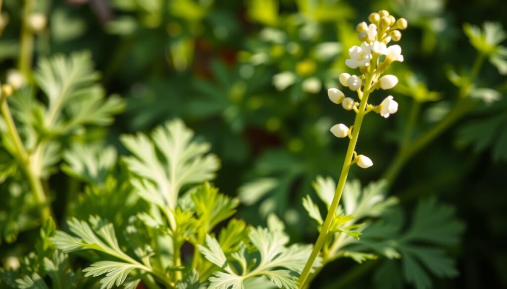 A vibrant, close-up photograph of a cilantro plant in the process of bolting, capturing the dramatic transformation as the plant shifts its energy from producing flavorful leaves to sending up a tall, slender flower stalk. The stalks should be emerging prominently from the center of the plant, reaching skyward with delicate white flowers blooming at the tips. The leaves surrounding the bolting stalk should appear slightly wilted or yellowing, contrasting with the lush green foliage in the background. Soft, natural lighting from the side casts long shadows and highlights the intricate details of the plant's structure. The depth of field should be shallow, keeping the bolting stalk in sharp focus while blurring the background to emphasize the central subject.