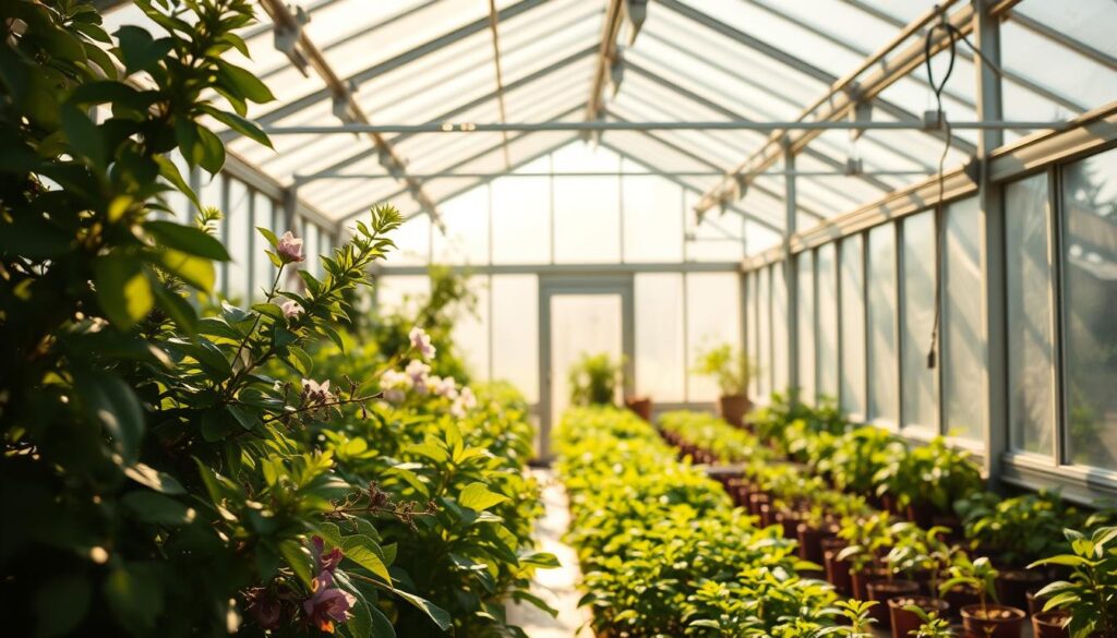 A warm, glowing greenhouse interior bathed in soft, diffused natural light filtering through glass panes. The foreground features lush, verdant foliage of various plants and flowers, their leaves and petals softly illuminated. In the middle ground, rows of thriving potted plants and seedlings receive the nourishing rays, casting gentle shadows on the greenhouse floor. The background reveals the greenhouse's structural frame, beams, and support systems, creating a sense of enclosure and shelter. The lighting is balanced, neither too harsh nor too dim, evoking a tranquil, serene atmosphere conducive to year-round greenhouse gardening success. A warm, glowing greenhouse interior bathed in soft, diffused natural light filtering through glass panes. The foreground features lush, verdant foliage of various plants and flowers, their leaves and petals softly illuminated. In the middle ground, rows of thriving potted plants and seedlings receive the nourishing rays, casting gentle shadows on the greenhouse floor. The background reveals the greenhouse's structural frame, beams, and support systems, creating a sense of enclosure and shelter. The lighting is balanced, neither too harsh nor too dim, evoking a tranquil, serene atmosphere conducive to year-round greenhouse gardening success.